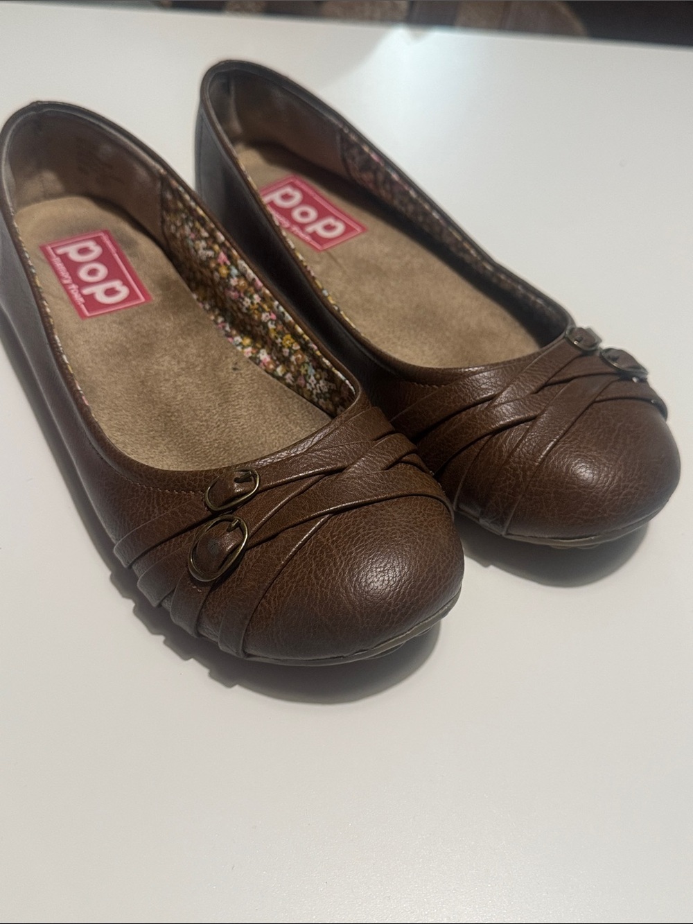 pop nelly Brown Faux-Leather Women's Ballet Flats with Strap Detail